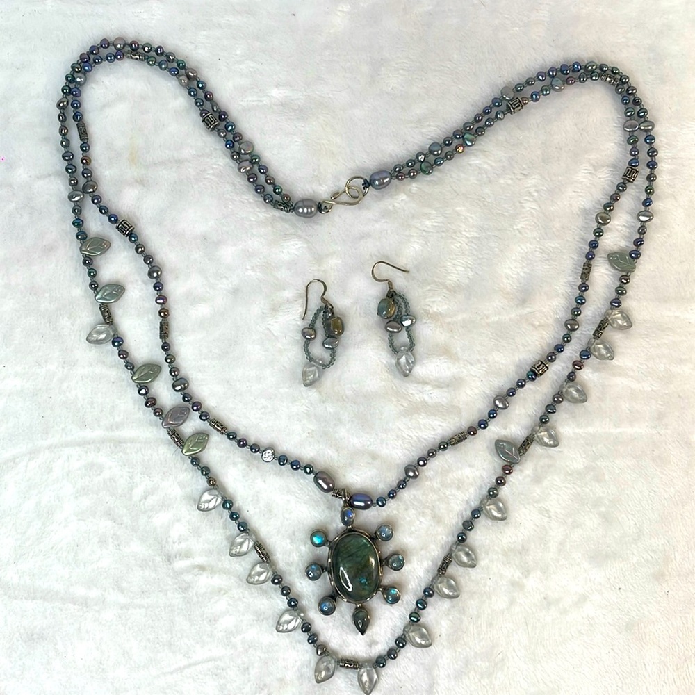 Handmade pearl and labradorite necklace and matching earrings.